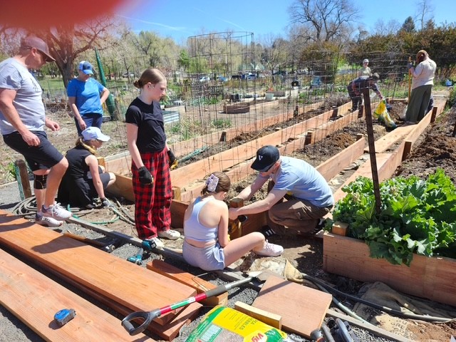 Members of Girl Scout Troop 65595 along with their parents hard at work building raised garden beds for the master gardener volunteers.